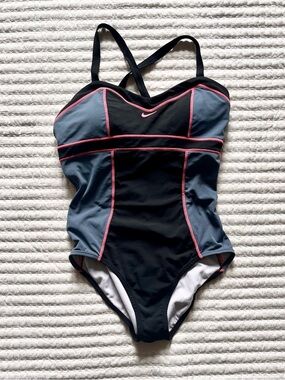 Nike Women’s Size 14 One-Piece Swimsuit – Black Slate & Pink Athletic Swimwear